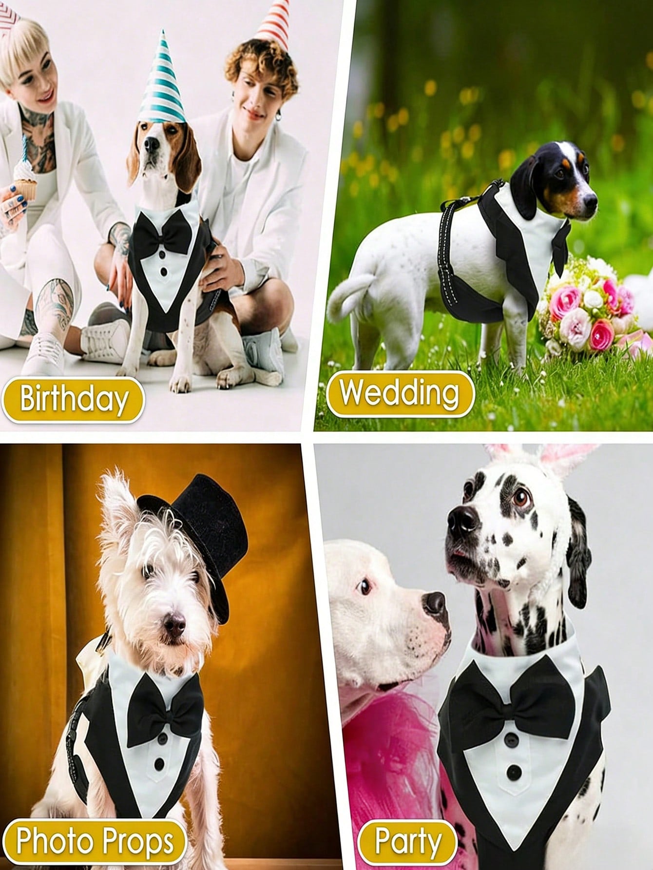 Black and white colorblock pet tuxedo harness vest with bow tie for small and medium dogs or cats, formal polyester vest for weddings and birthdays