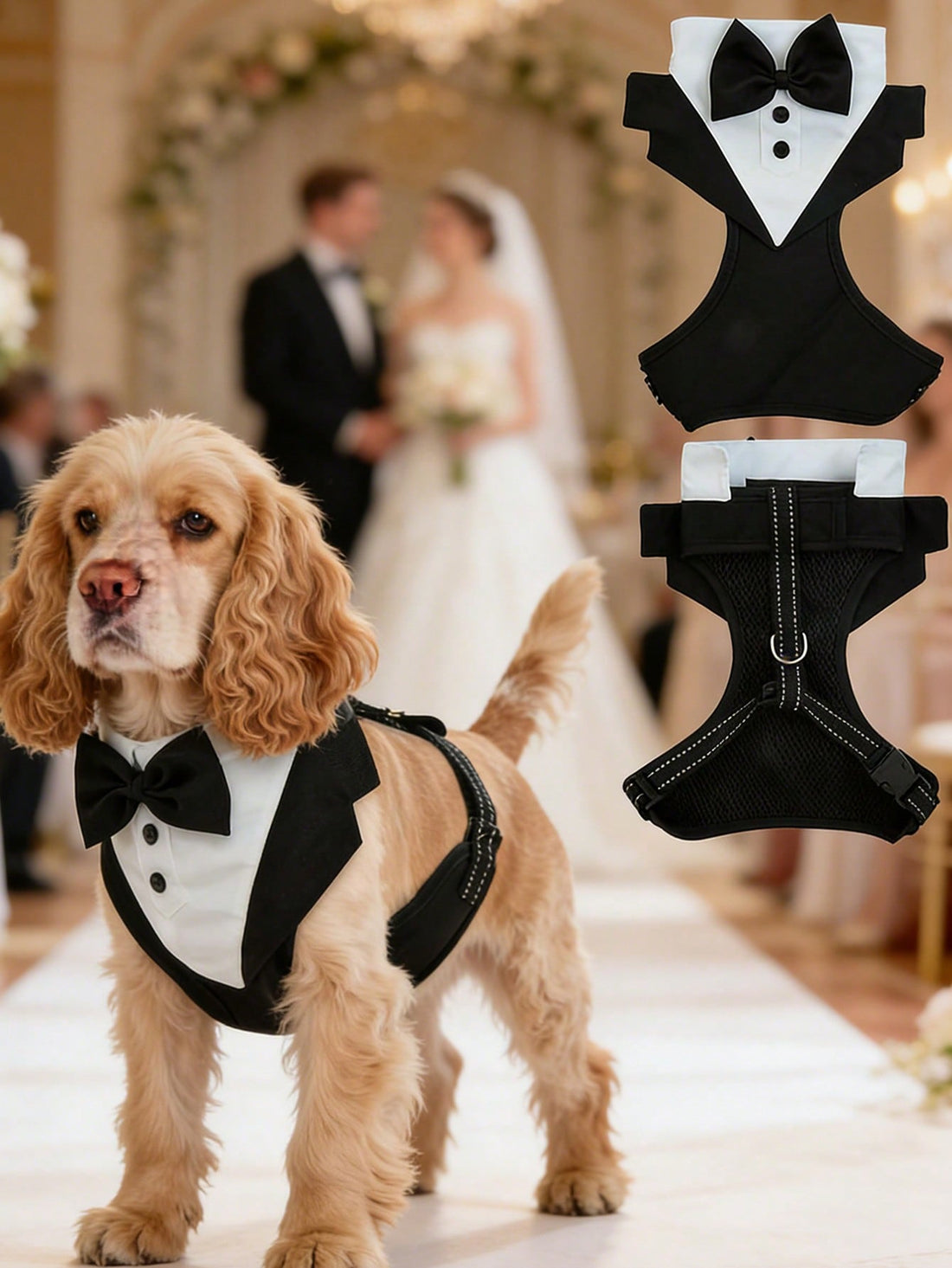 Black and white colorblock pet tuxedo harness vest with bow tie for small and medium dogs or cats, formal polyester vest for weddings and birthdays