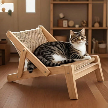 Sisal cat scratch board and rocking bed lounge chair hammock with linen material for cats and dogs.