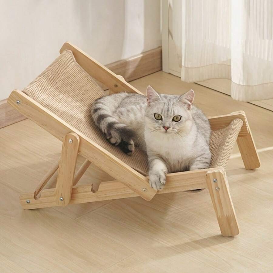 Sisal cat scratch board and rocking bed lounge chair hammock with linen material for cats and dogs.