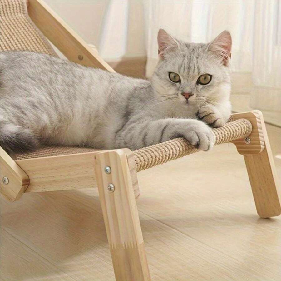 Sisal cat scratch board and rocking bed lounge chair hammock with linen material for cats and dogs.