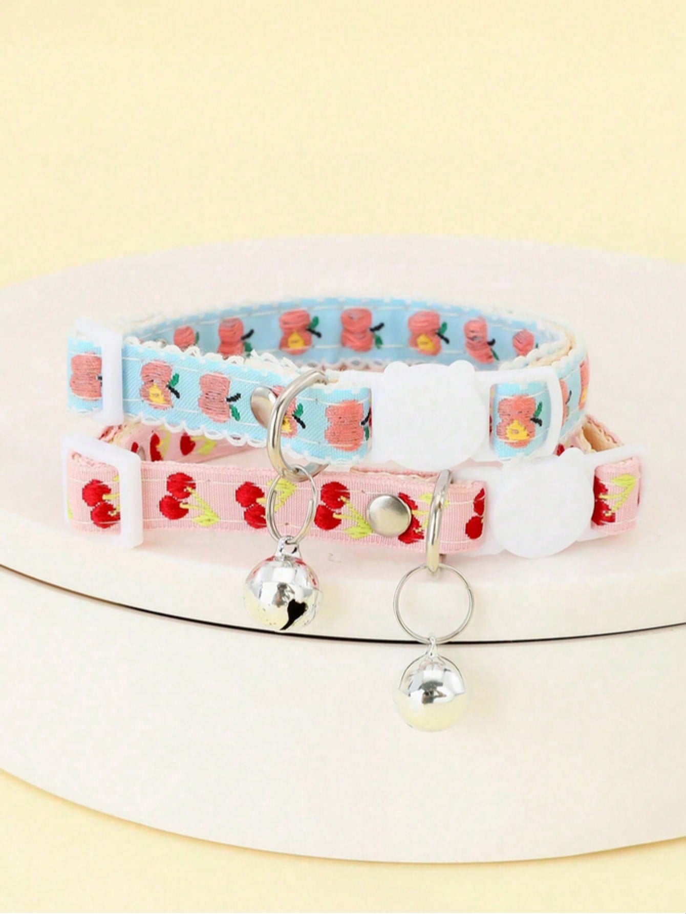 Multicolor adjustable polyester pet collar with buckle, bell, and embroidered apple or cherry fruit pattern for cats and small dogs