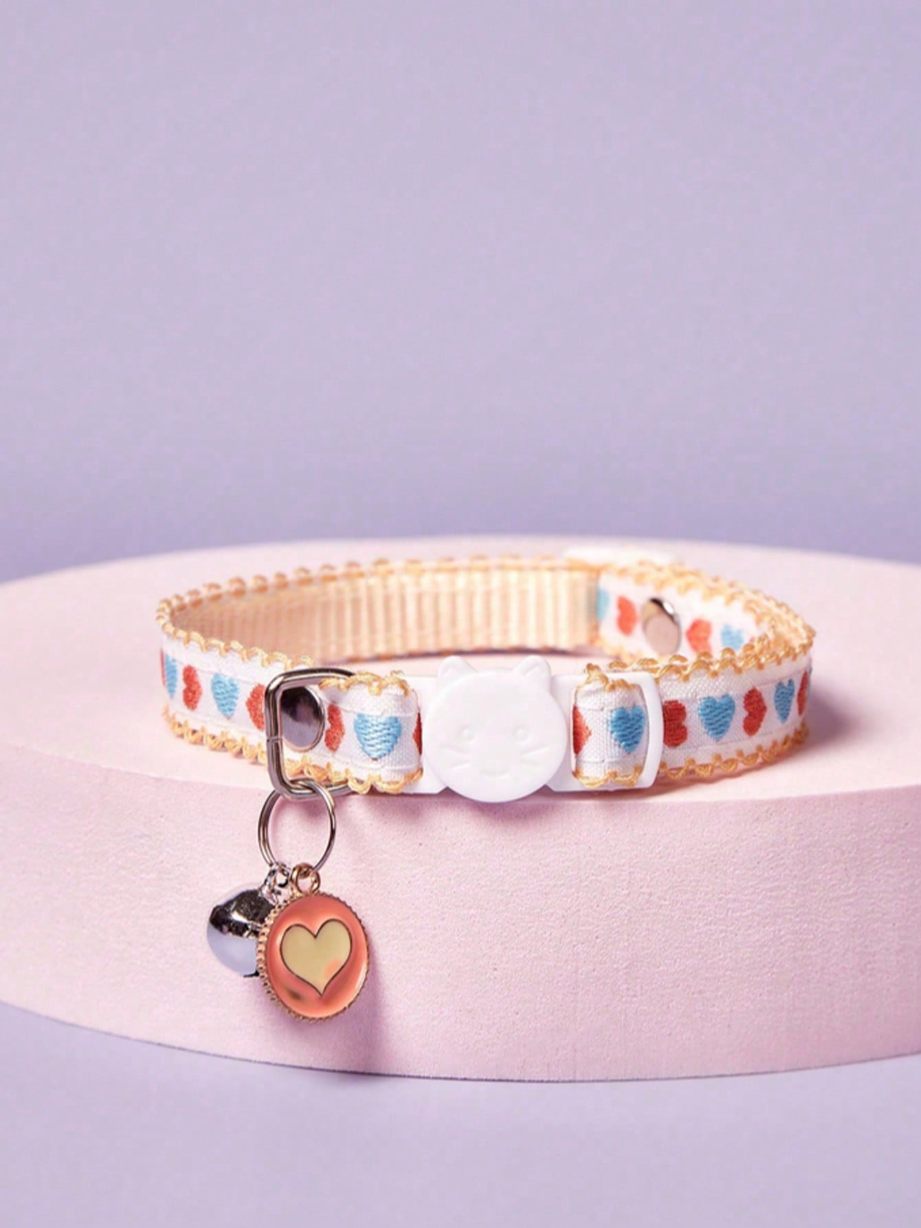 Multicolor adjustable polyester pet collar with buckle, bell, and embroidered apple or cherry fruit pattern for cats and small dogs