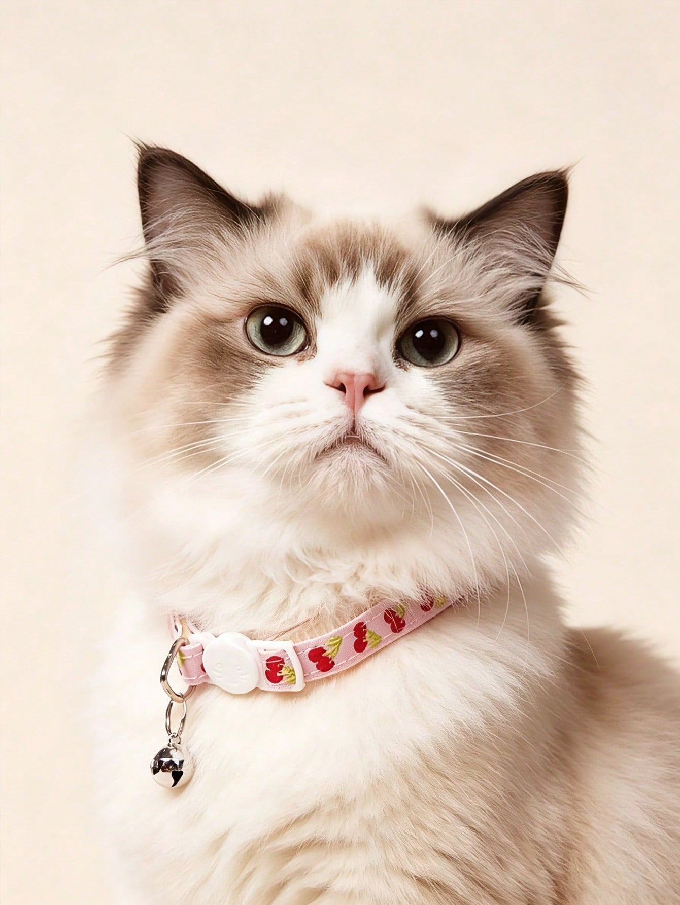 Multicolor adjustable polyester pet collar with buckle, bell, and embroidered apple or cherry fruit pattern for cats and small dogs
