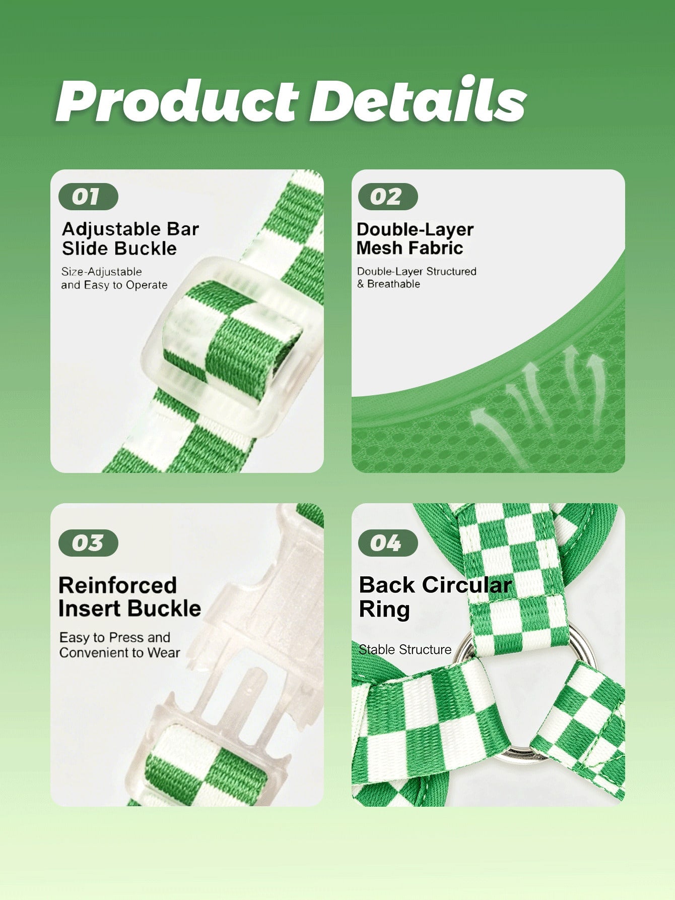 Checkered dog harness and leash set with soft breathable mesh, adjustable fit, back circular ring, and matching leash for small dogs.