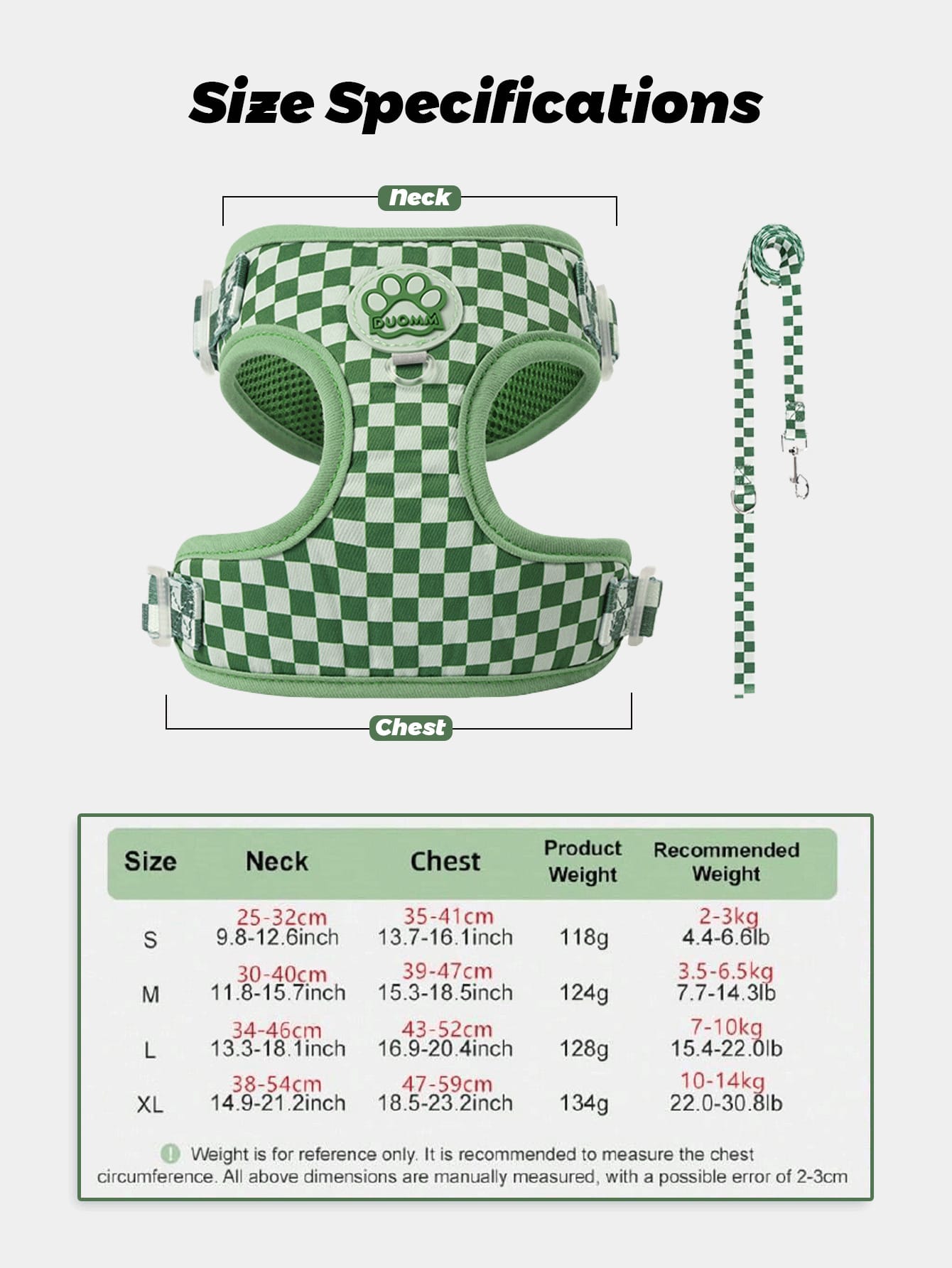 Checkered dog harness and leash set with soft breathable mesh, adjustable fit, back circular ring, and matching leash for small dogs.