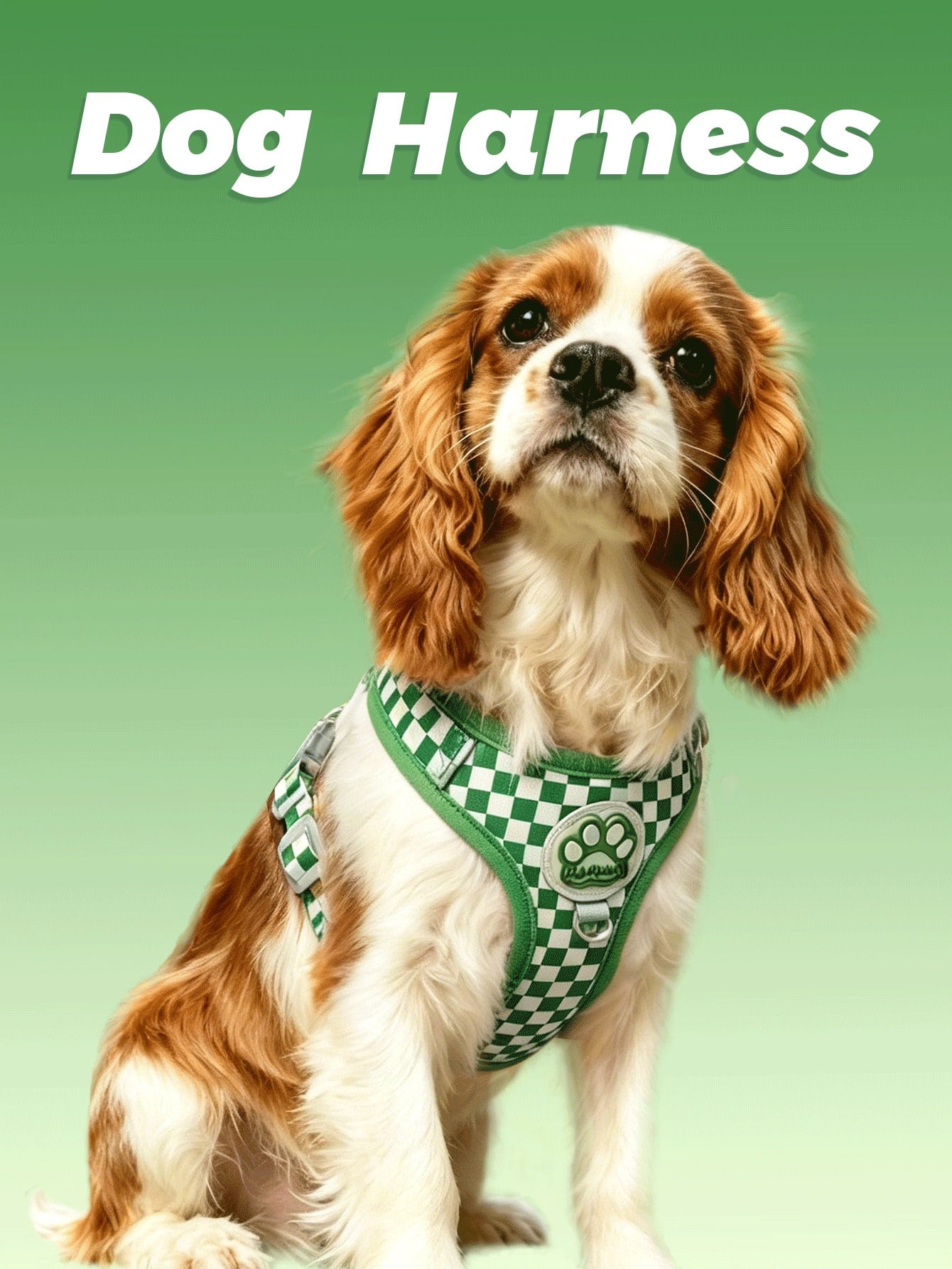 Checkered dog harness and leash set with soft breathable mesh, adjustable fit, back circular ring, and matching leash for small dogs.