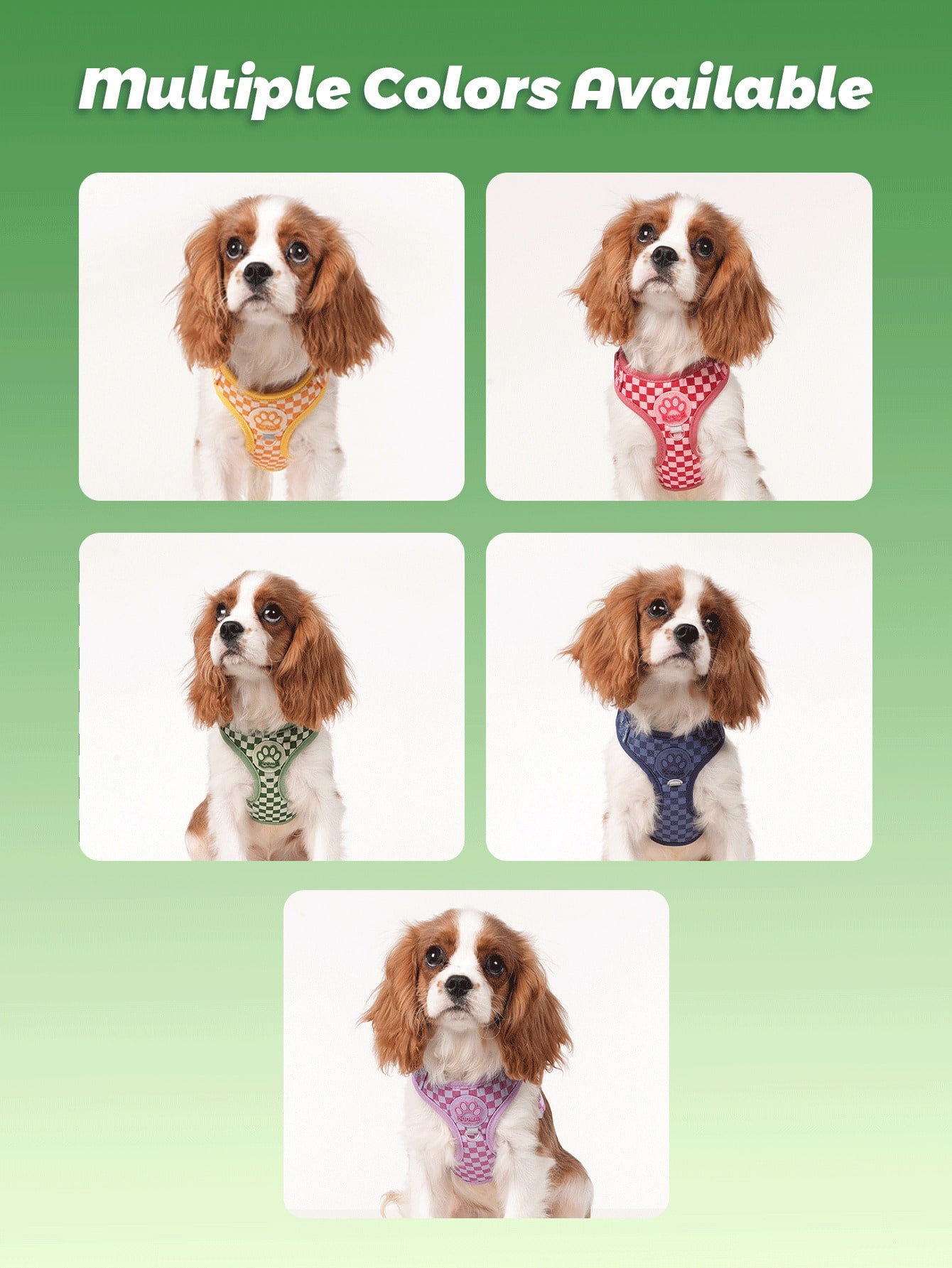 Checkered dog harness and leash set with soft breathable mesh, adjustable fit, back circular ring, and matching leash for small dogs.