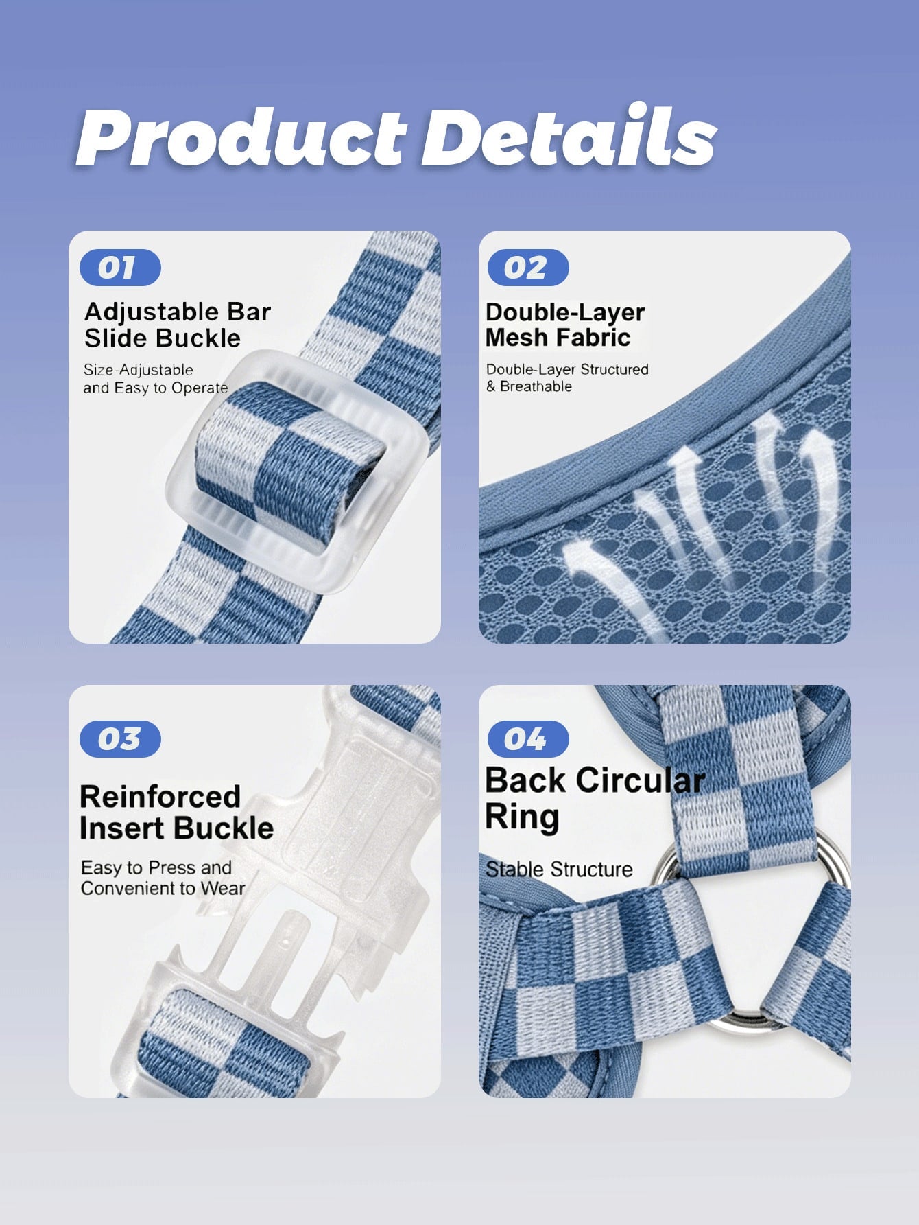 Checkered dog harness and leash set with soft breathable mesh, adjustable fit, back circular ring, and matching leash for small dogs.