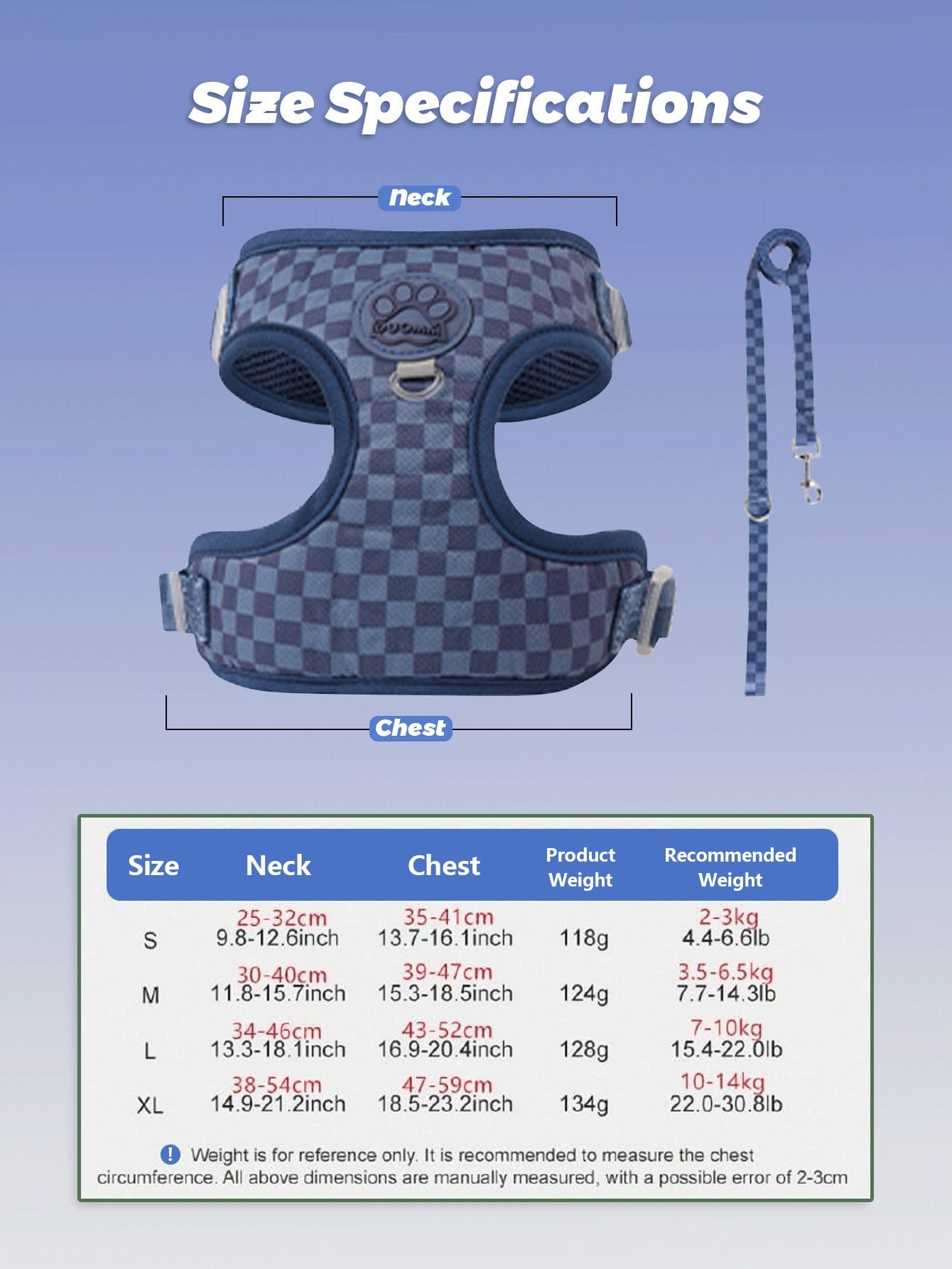 Checkered dog harness and leash set with soft breathable mesh, adjustable fit, back circular ring, and matching leash for small dogs.