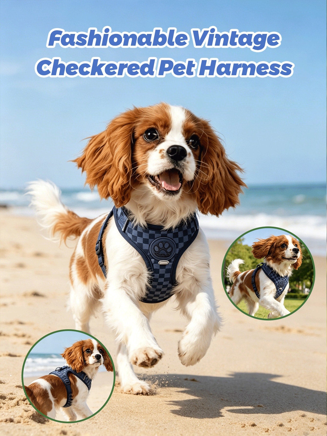 Checkered dog harness and leash set with soft breathable mesh, adjustable fit, back circular ring, and matching leash for small dogs.