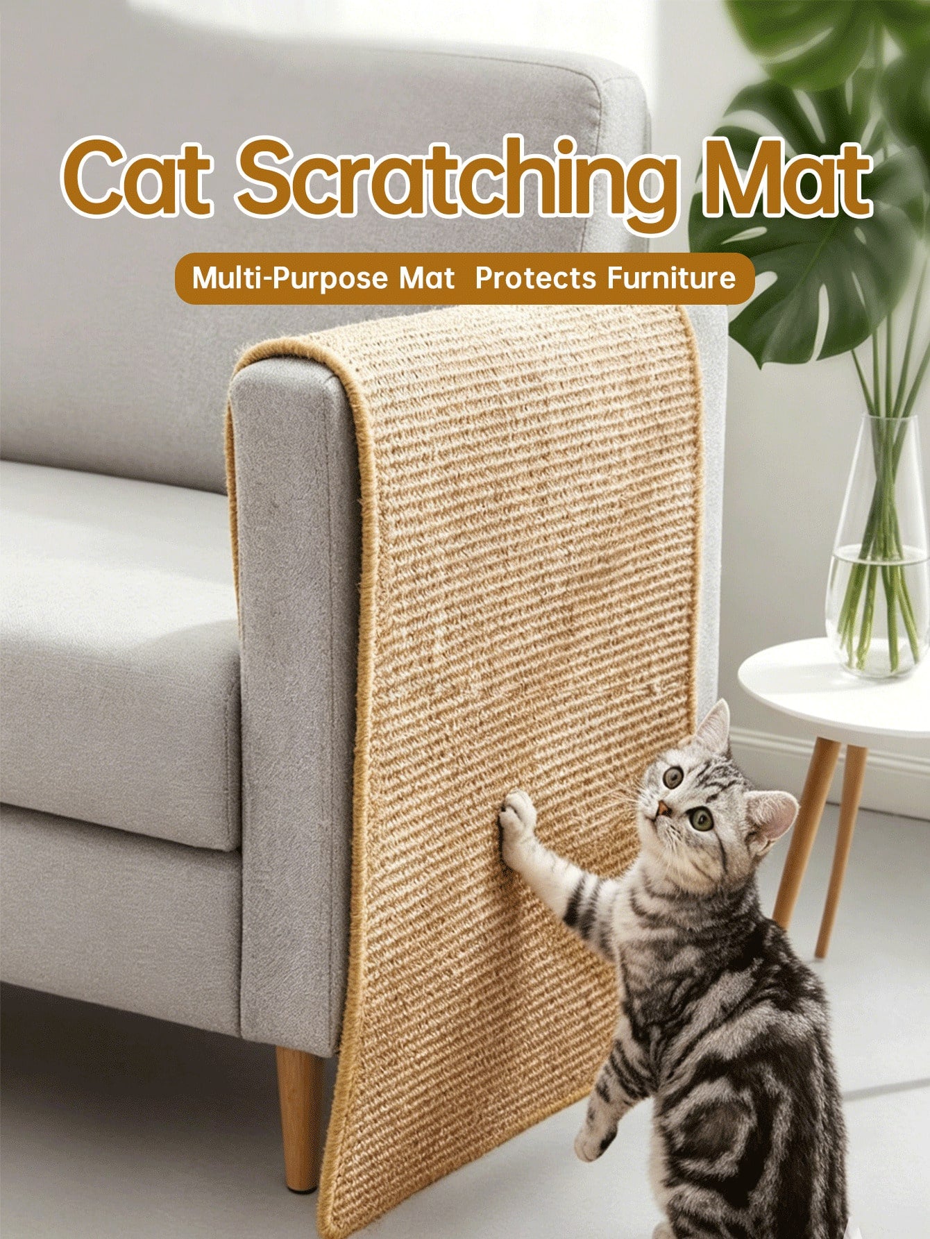 Multicolor sisal cat scratcher mat and scratch-resistant pad designed for cats to protect wall and couch furniture.
