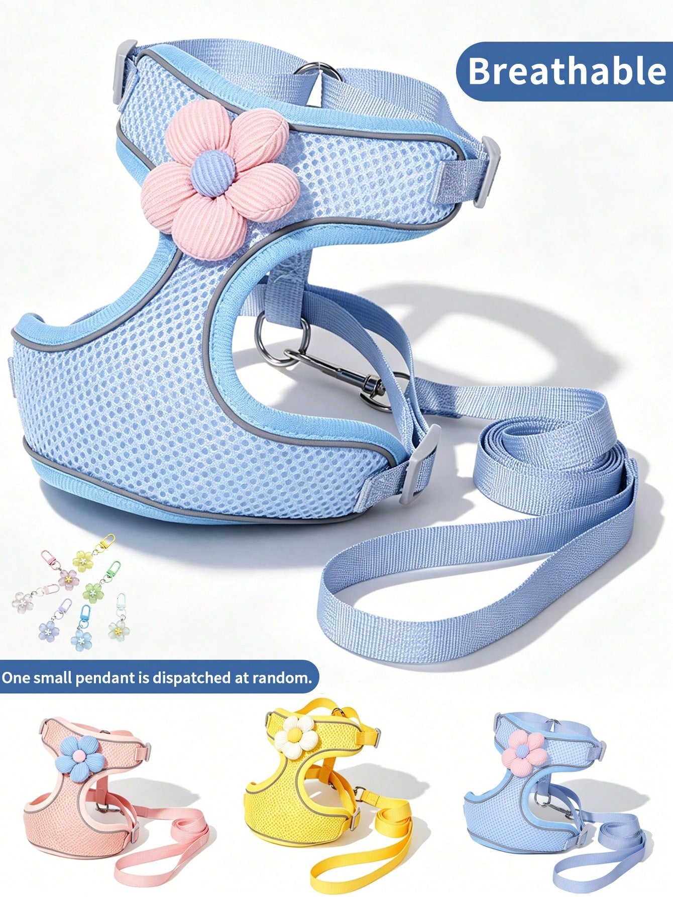 Cute floral pet harness and leash set with small pendant, breathable soft mesh vest, reflective details, and adjustable anti-escape fit for puppies, kittens, and small to medium dogs.