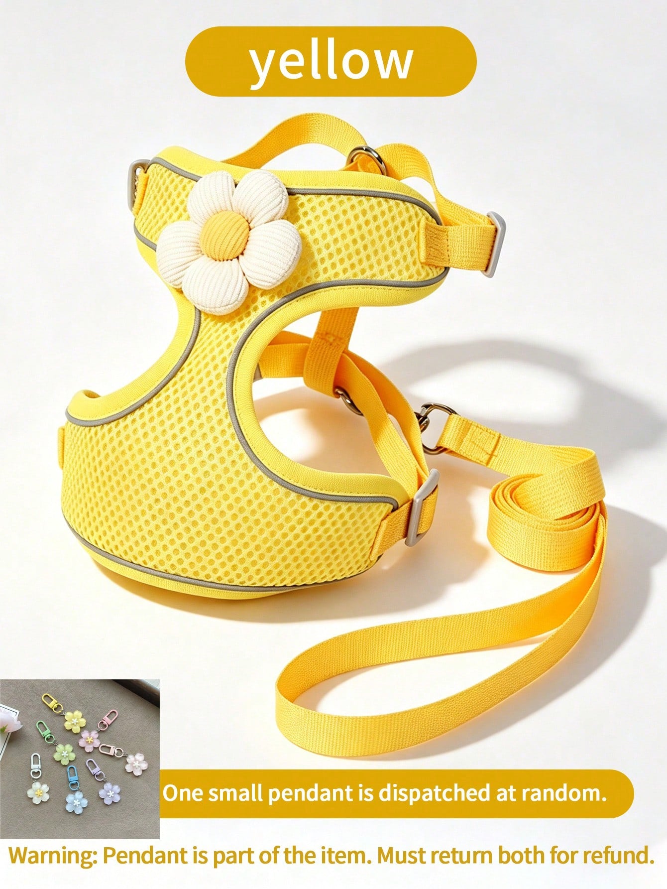 Cute floral pet harness and leash set with small pendant, breathable soft mesh vest, reflective details, and adjustable anti-escape fit for puppies, kittens, and small to medium dogs.
