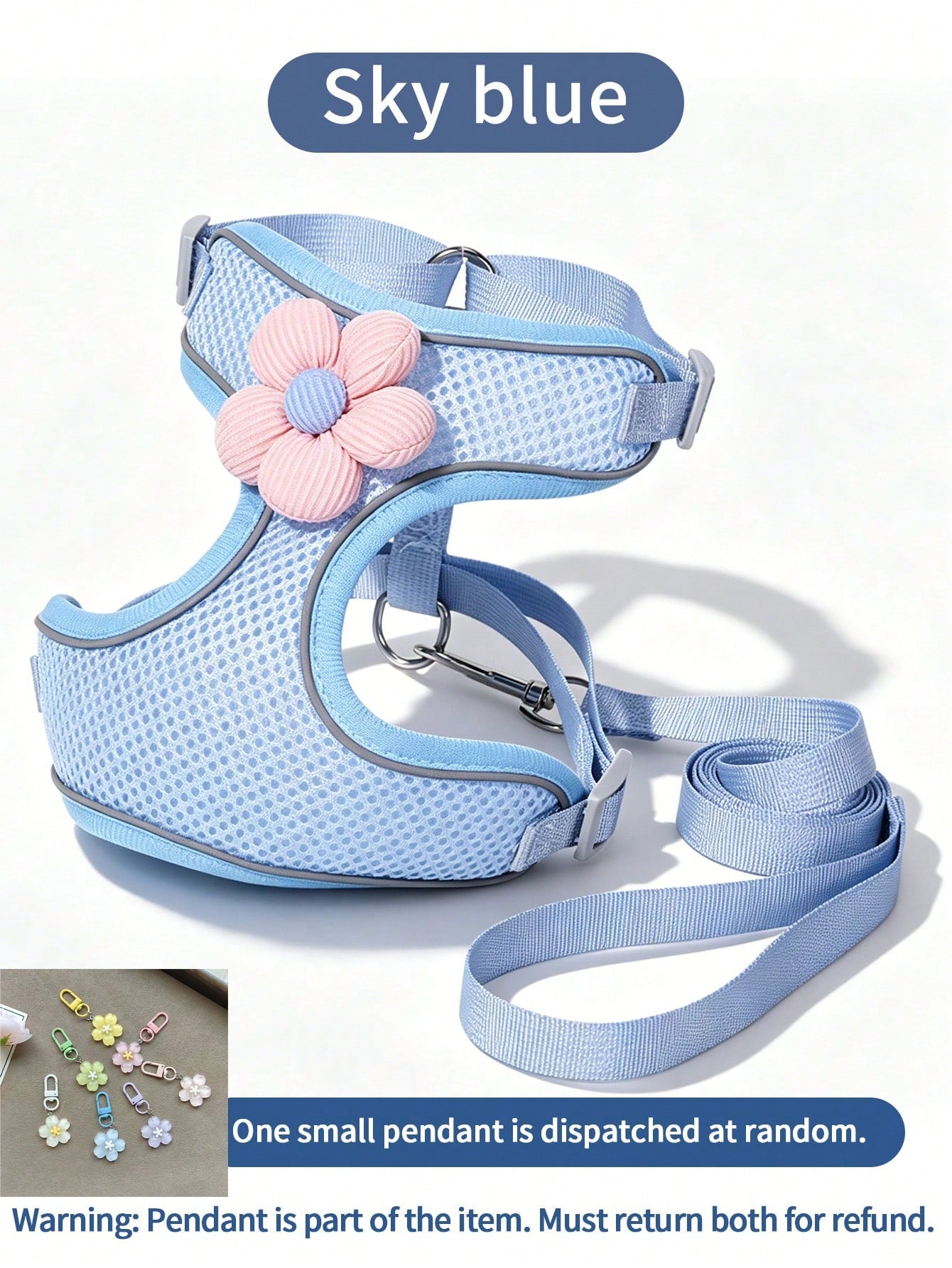 Cute floral pet harness and leash set with small pendant, breathable soft mesh vest, reflective details, and adjustable anti-escape fit for puppies, kittens, and small to medium dogs.