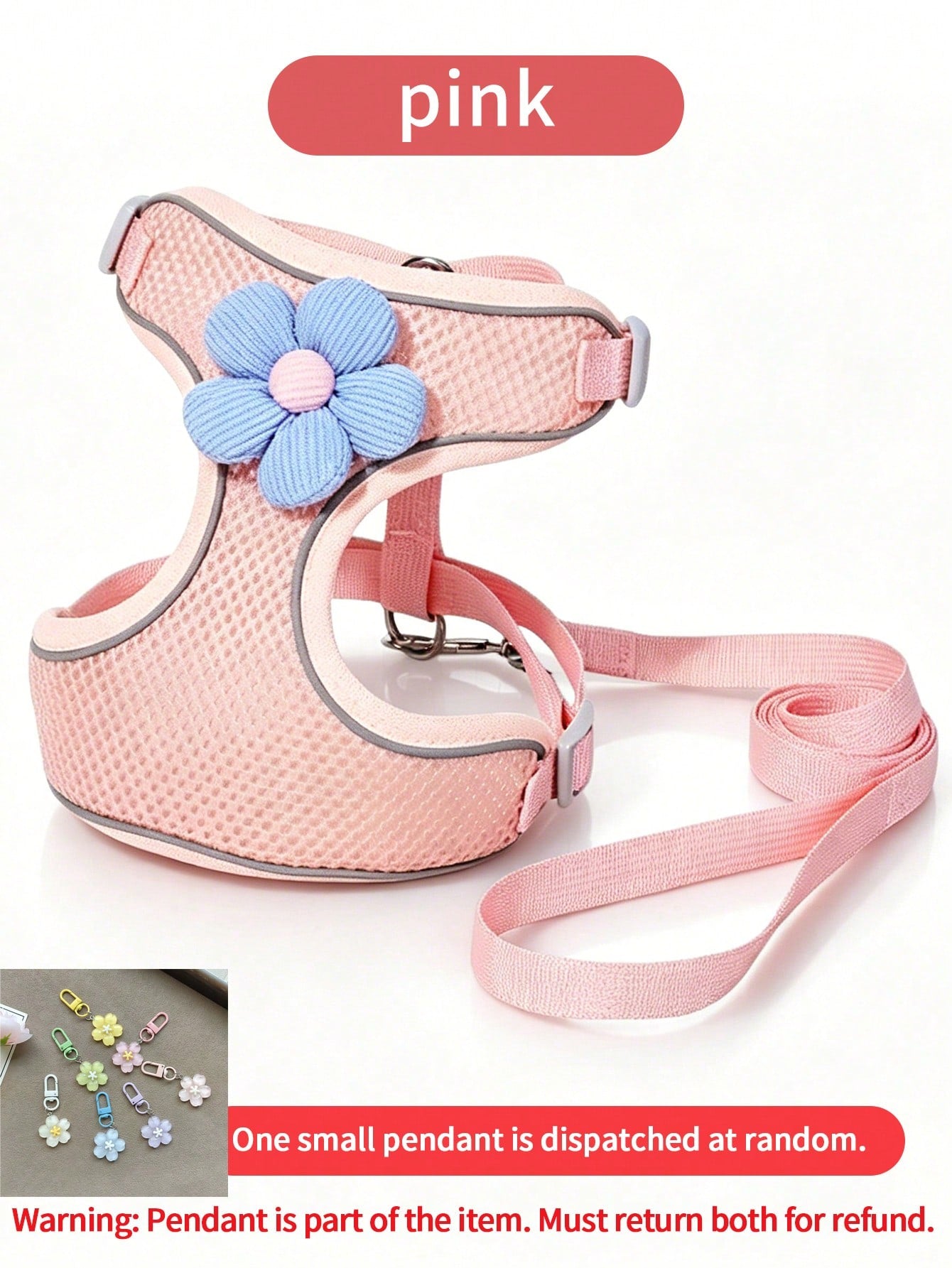 Cute floral pet harness and leash set with small pendant, breathable soft mesh vest, reflective details, and adjustable anti-escape fit for puppies, kittens, and small to medium dogs.