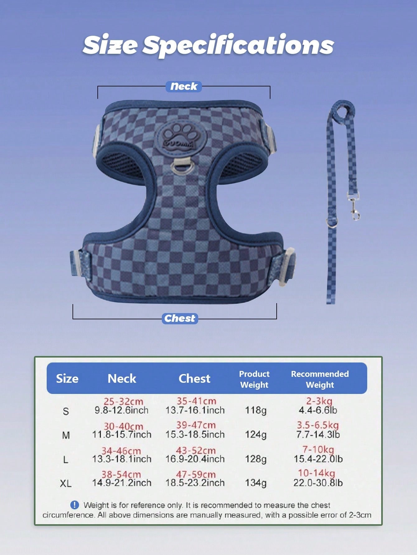 Checkered dog harness and leash set with soft breathable mesh, adjustable fit, back circular ring, and matching leash for small dogs.