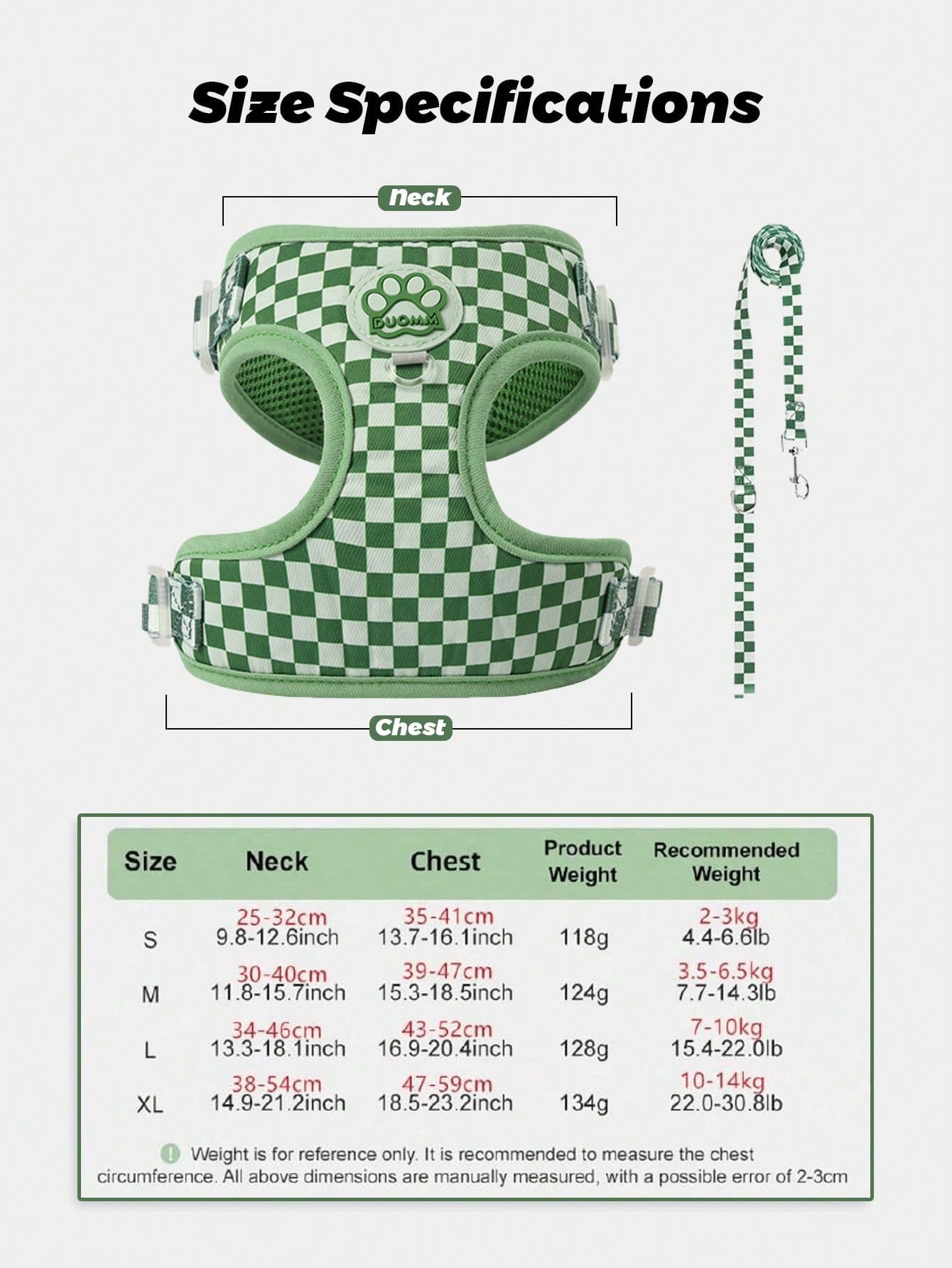 Checkered dog harness and leash set with soft breathable mesh, adjustable fit, back circular ring, and matching leash for small dogs.