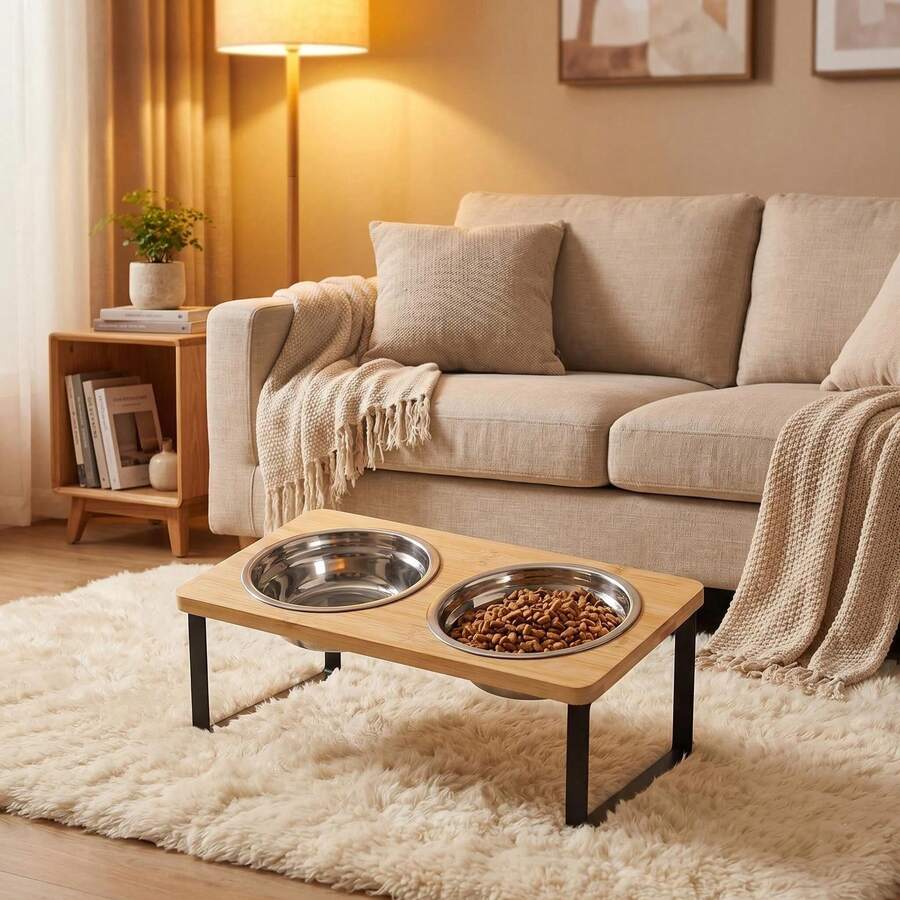 Tilted raised double pet bowl set with cartoon pattern for cats and dogs
