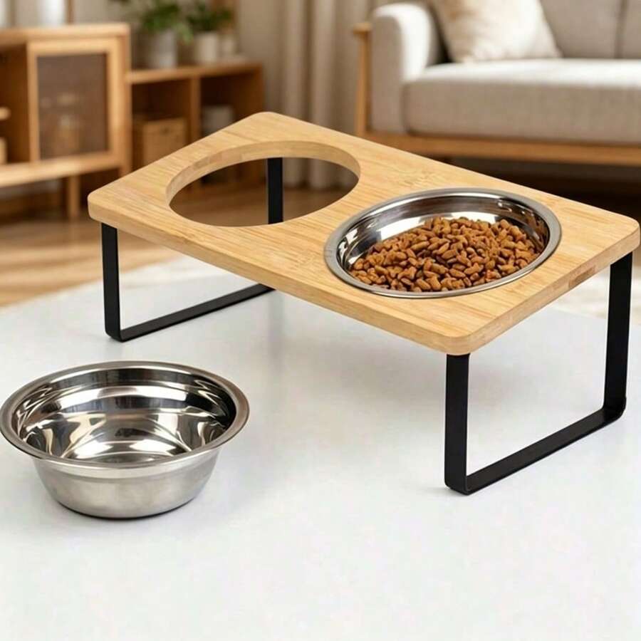 Tilted raised double pet bowl set with cartoon pattern for cats and dogs