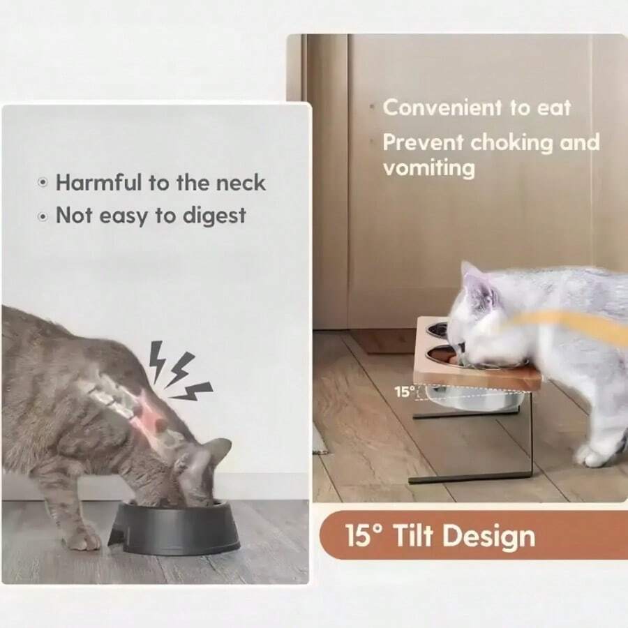 Tilted raised double pet bowl set with cartoon pattern for cats and dogs
