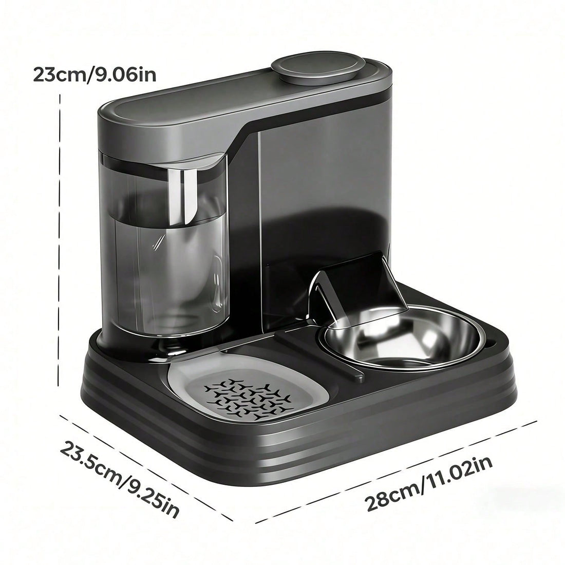 Black pet drinking fountain featuring an integrated water bowl, transparent window, and ergonomic handle for dogs and cats.