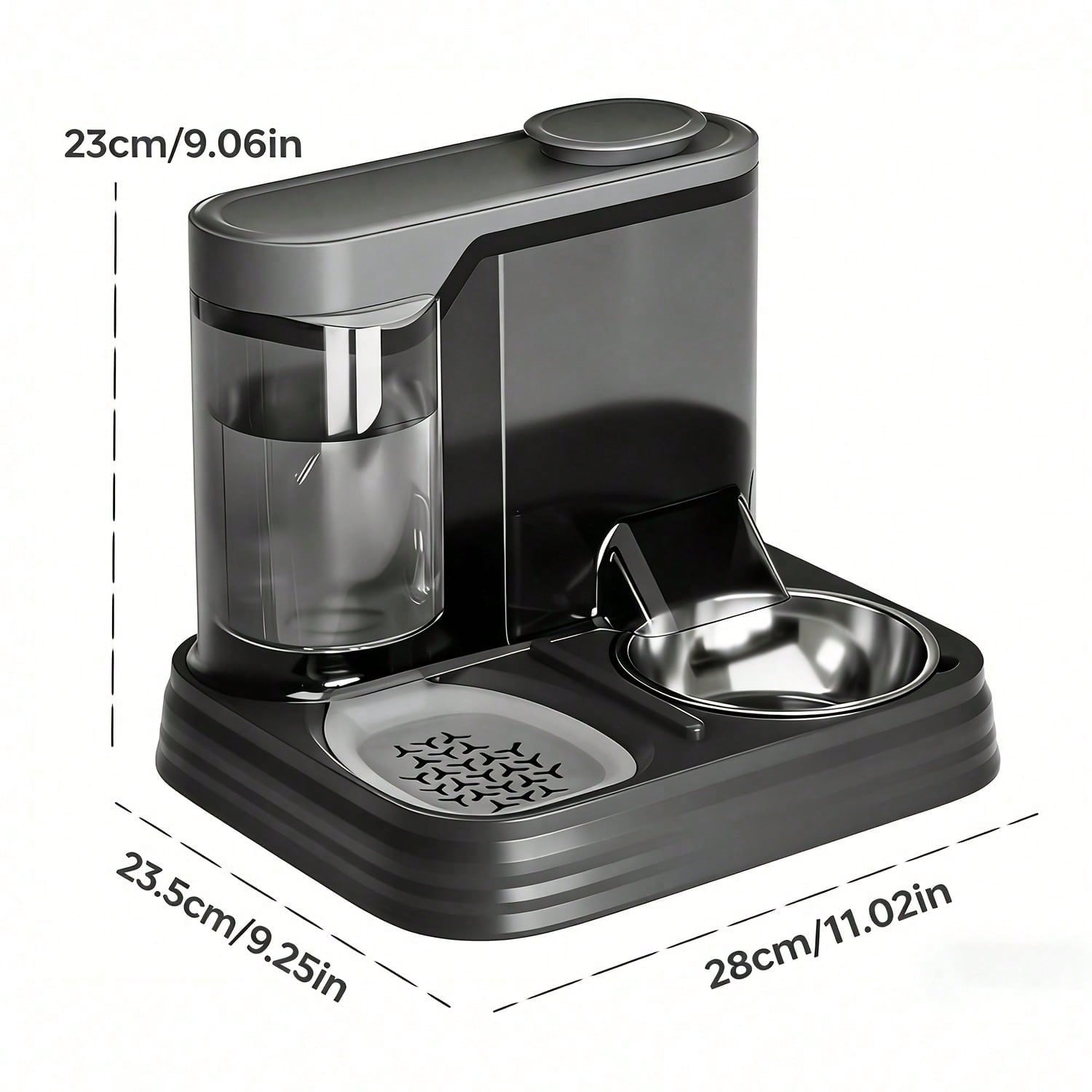 Black pet drinking fountain featuring an integrated water bowl, transparent window, and ergonomic handle for dogs and cats.