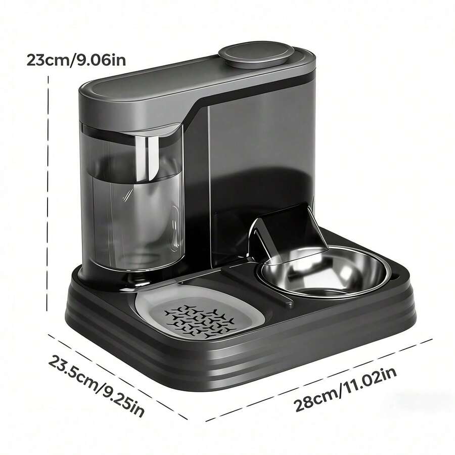 Black pet drinking fountain featuring an integrated water bowl, transparent window, and ergonomic handle for dogs and cats.