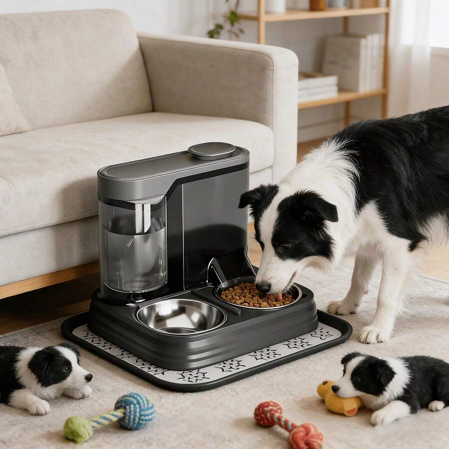 Black pet drinking fountain featuring an integrated water bowl, transparent window, and ergonomic handle for dogs and cats.