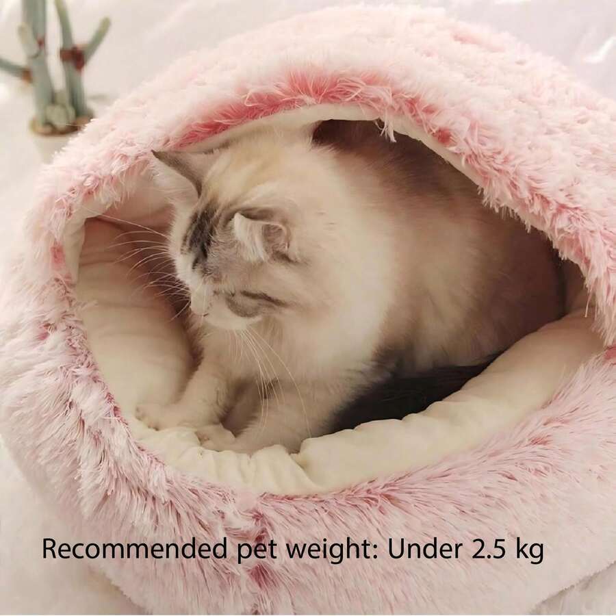 Grey plaid pet cave bed with a warm polyester cover and polypropylene fiber filling designed for indoor cats, puppies, and rabbits.