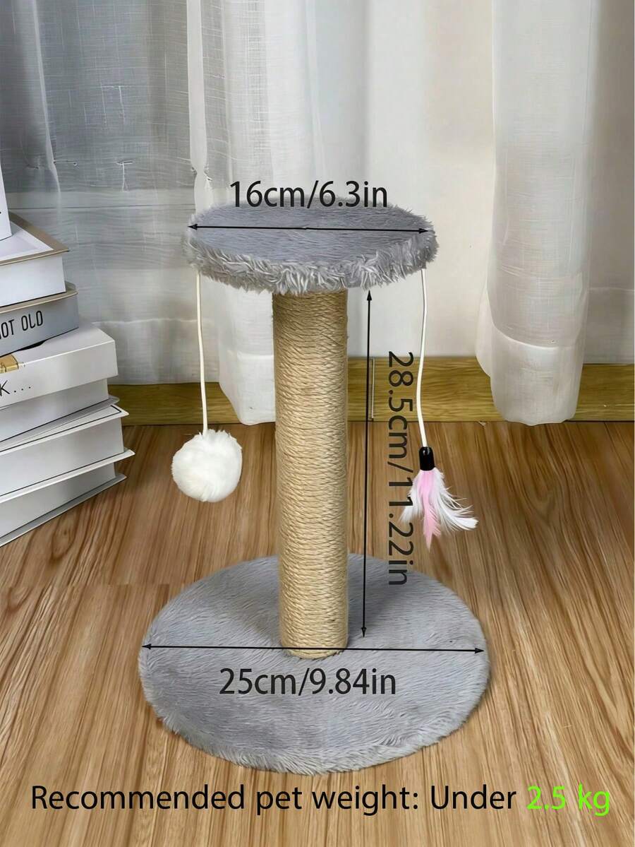 Brown mini sisal cat scratching post and kitten climbing tower with interactive plush ball and feather toys.