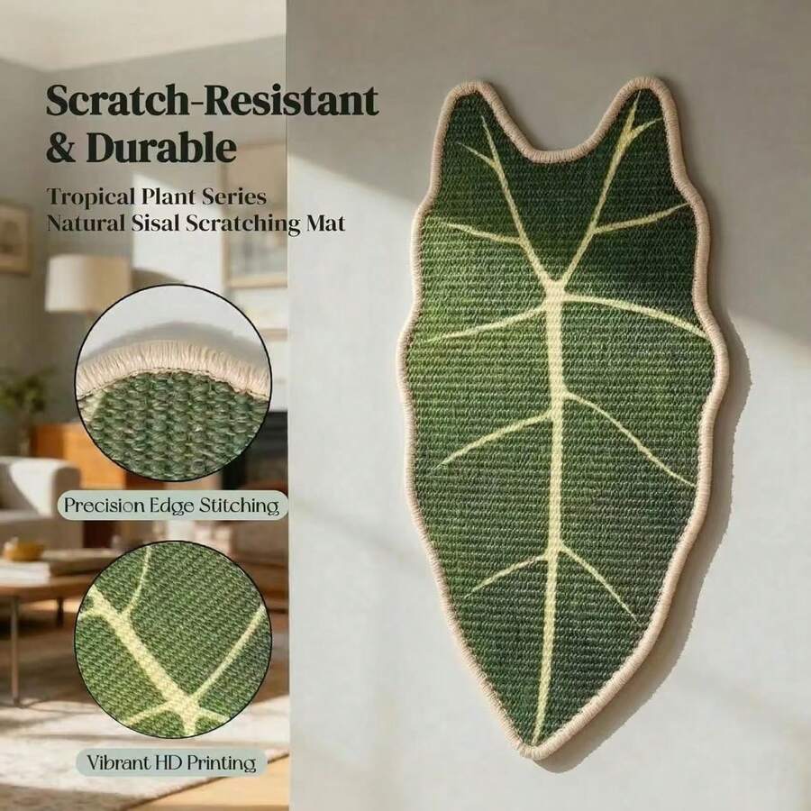 Green leaf shaped cat scratching board made of natural sisal for indoor cat claw grinding and play