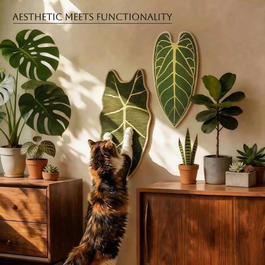 Green leaf shaped cat scratching board made of natural sisal for indoor cat claw grinding and play