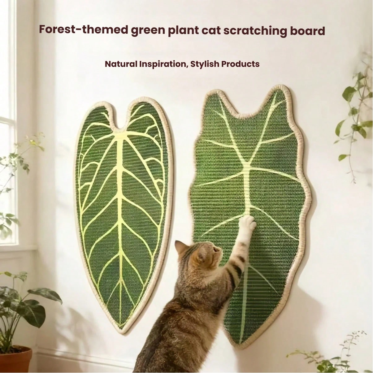 Green leaf shaped cat scratching board made of natural sisal for indoor cat claw grinding and play