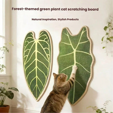 Green leaf shaped cat scratching board made of natural sisal for indoor cat claw grinding and play