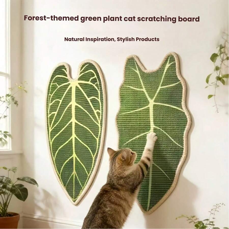 Green leaf shaped cat scratching board made of natural sisal for indoor cat claw grinding and play