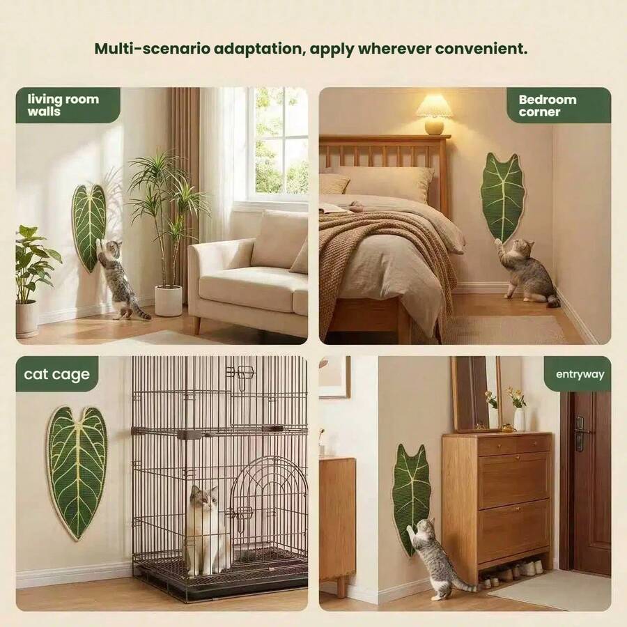 Green leaf shaped cat scratching board made of natural sisal for indoor cat claw grinding and play
