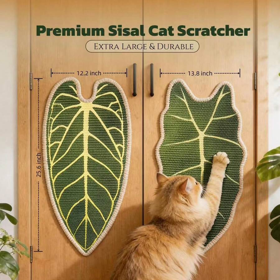 Green leaf shaped cat scratching board made of natural sisal for indoor cat claw grinding and play