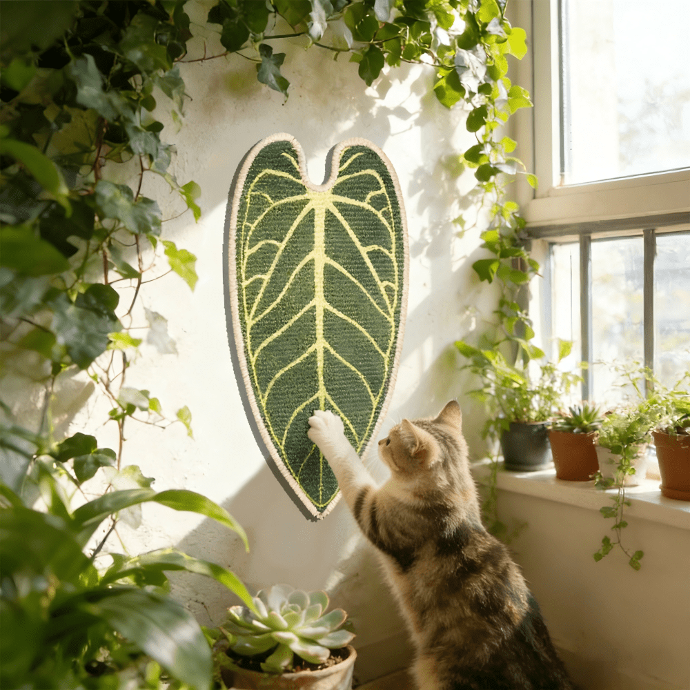 Green leaf shaped cat scratching board made of natural sisal for indoor cat claw grinding and play
