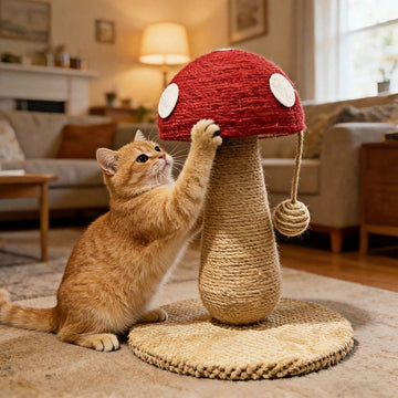 Small bright red mushroom-shaped sisal cat scratching post and climbing frame toy for cats.