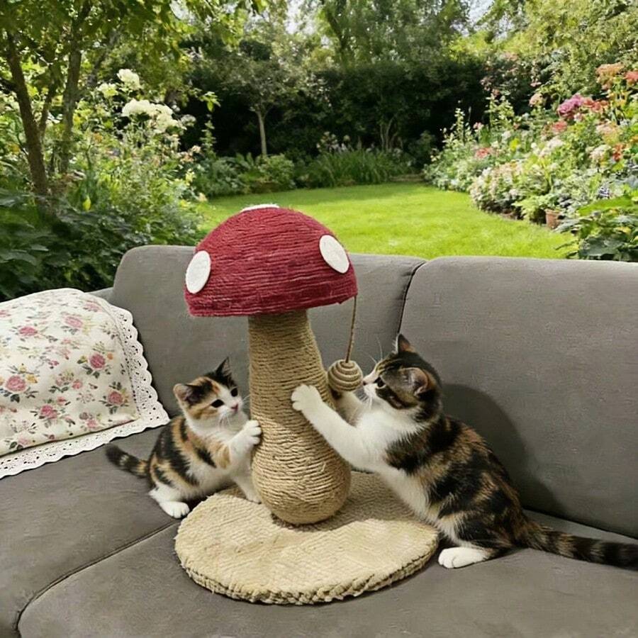 Small bright red mushroom-shaped sisal cat scratching post and climbing frame toy for cats.