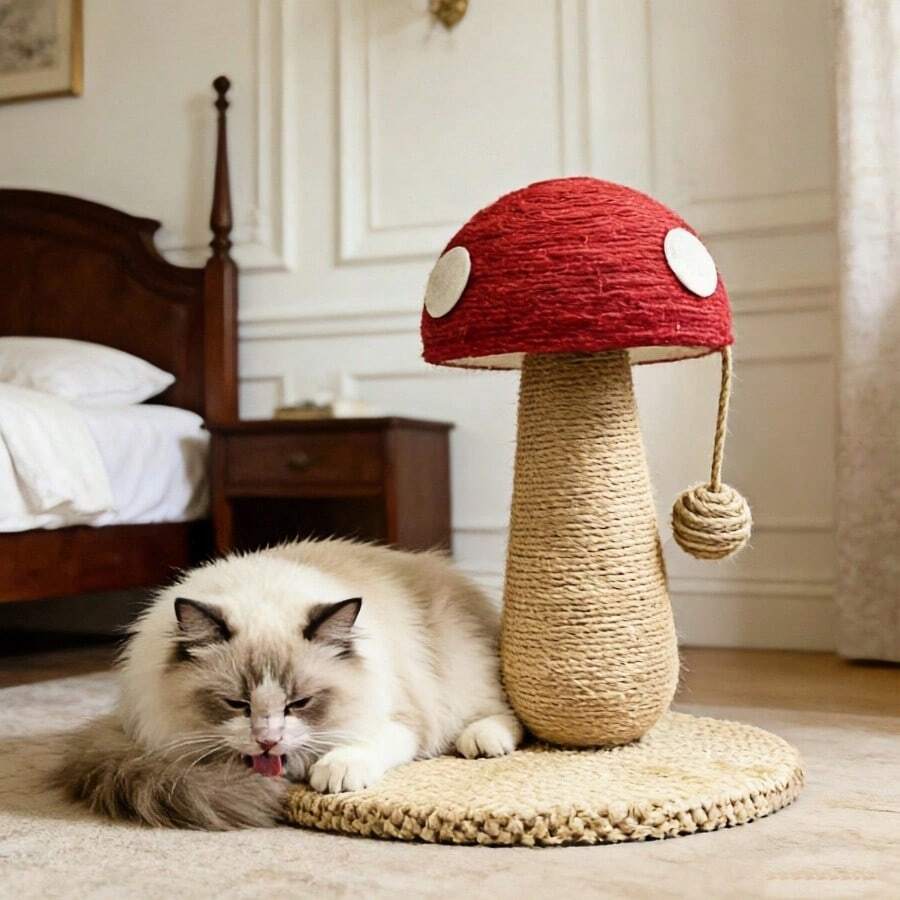 Small bright red mushroom-shaped sisal cat scratching post and climbing frame toy for cats.