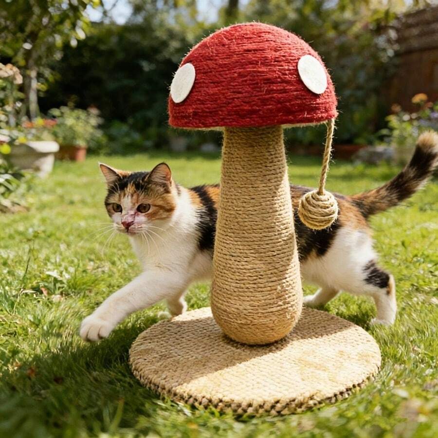 Small bright red mushroom-shaped sisal cat scratching post and climbing frame toy for cats.
