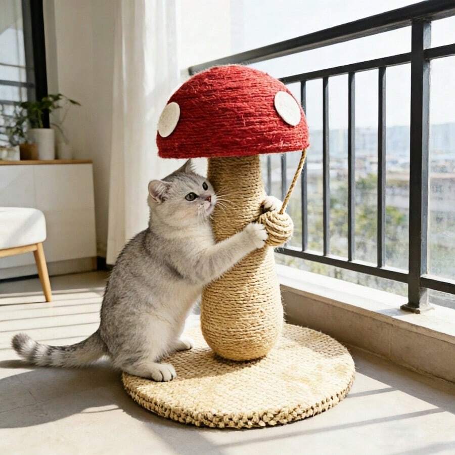 Small bright red mushroom-shaped sisal cat scratching post and climbing frame toy for cats.