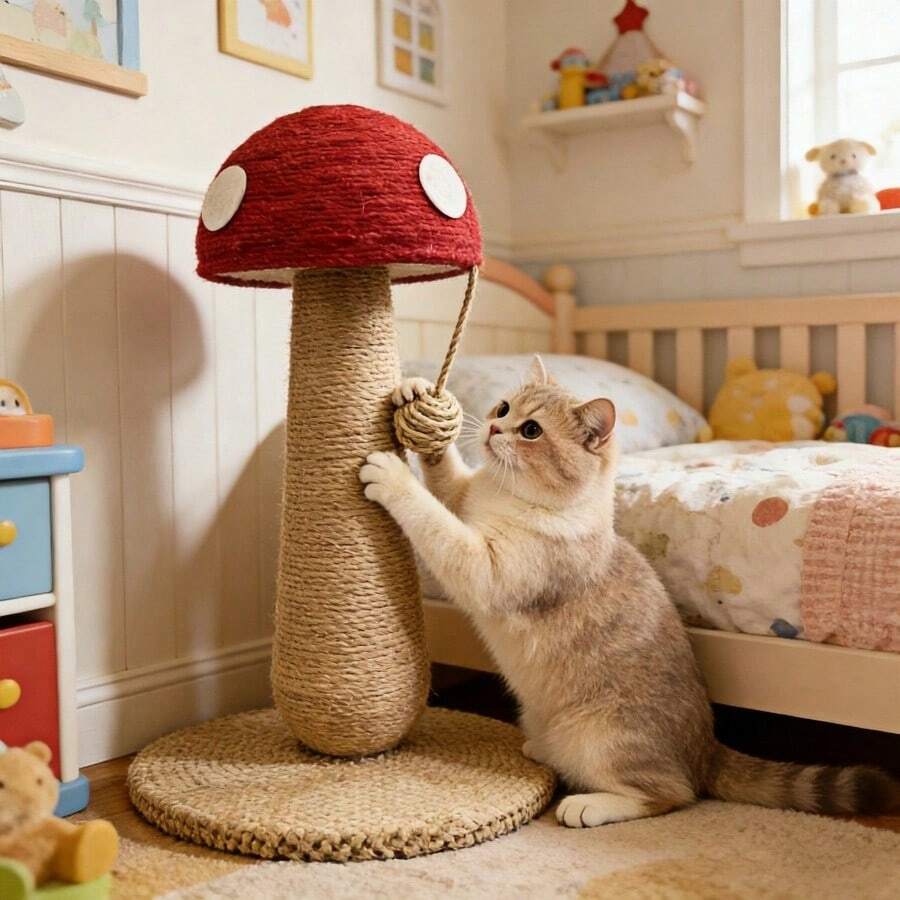 Small bright red mushroom-shaped sisal cat scratching post and climbing frame toy for cats.