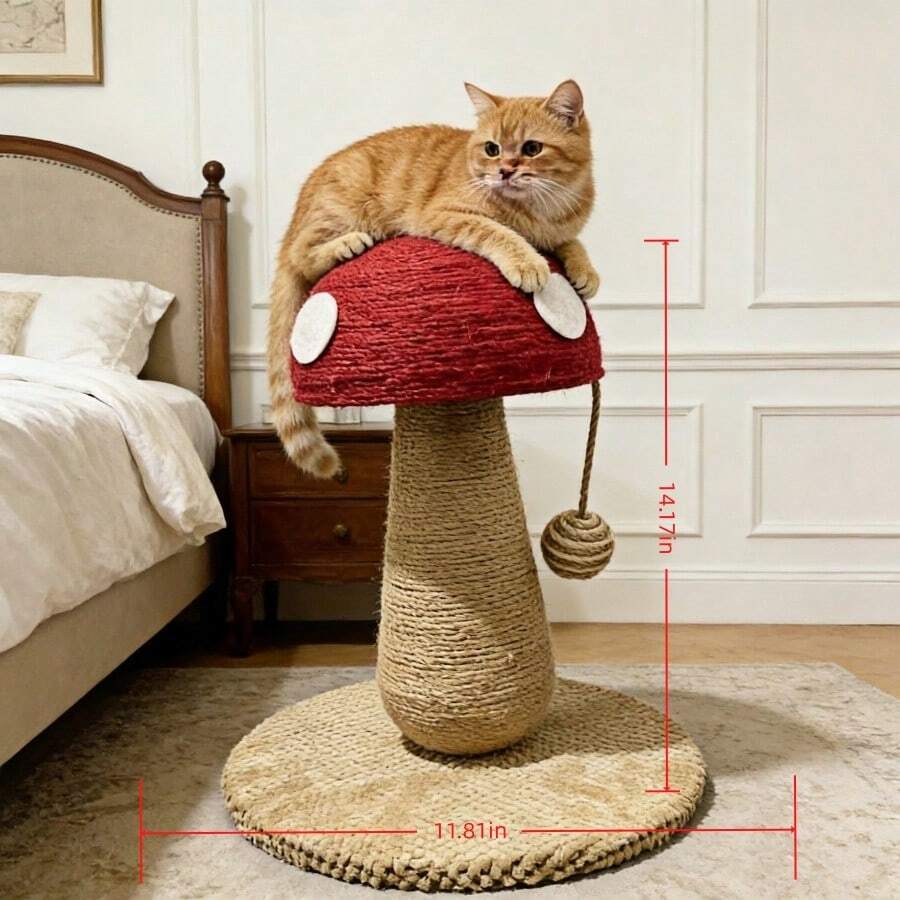 Small bright red mushroom-shaped sisal cat scratching post and climbing frame toy for cats.