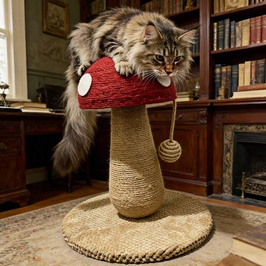 Small bright red mushroom-shaped sisal cat scratching post and climbing frame toy for cats.