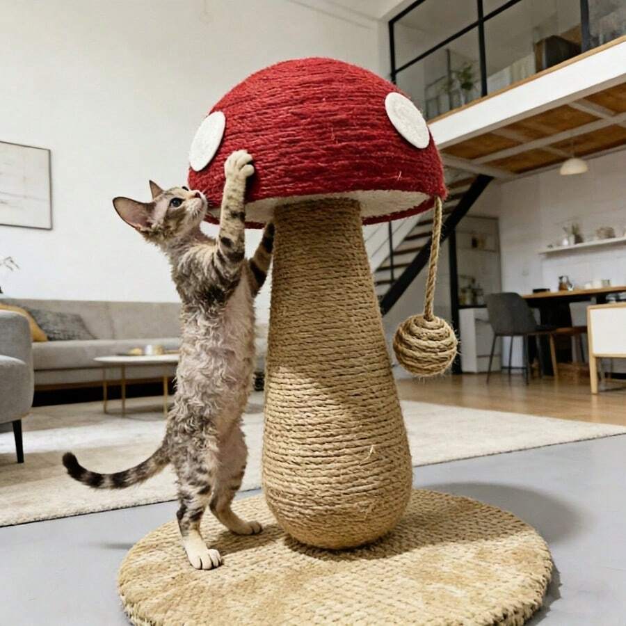 Small bright red mushroom-shaped sisal cat scratching post and climbing frame toy for cats.
