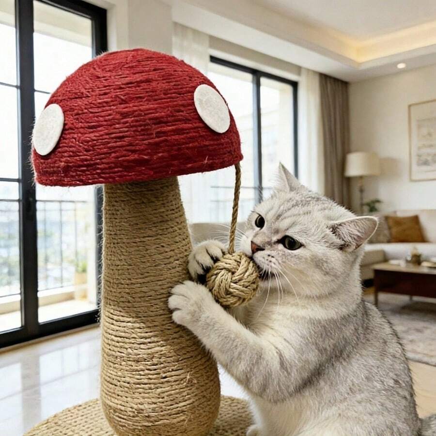 Small bright red mushroom-shaped sisal cat scratching post and climbing frame toy for cats.