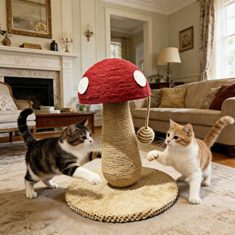 Small bright red mushroom-shaped sisal cat scratching post and climbing frame toy for cats.
